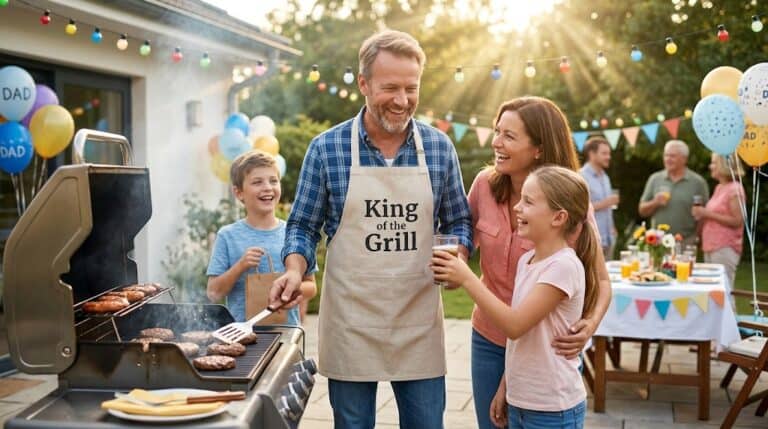 Father and kids enjoying grilling at a Father’s Day celebration outdoors.