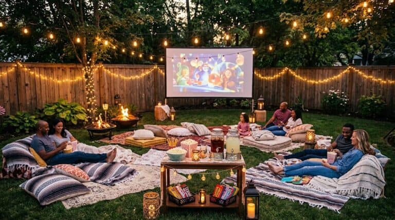 Outdoor movie night setup with string lights, bean bags, and a large screen for summer entertainment.