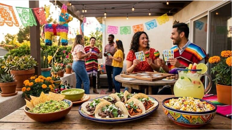Colorful Cinco de Mayo fiesta with friends, traditional decorations, and delicious Mexican food. Per.
