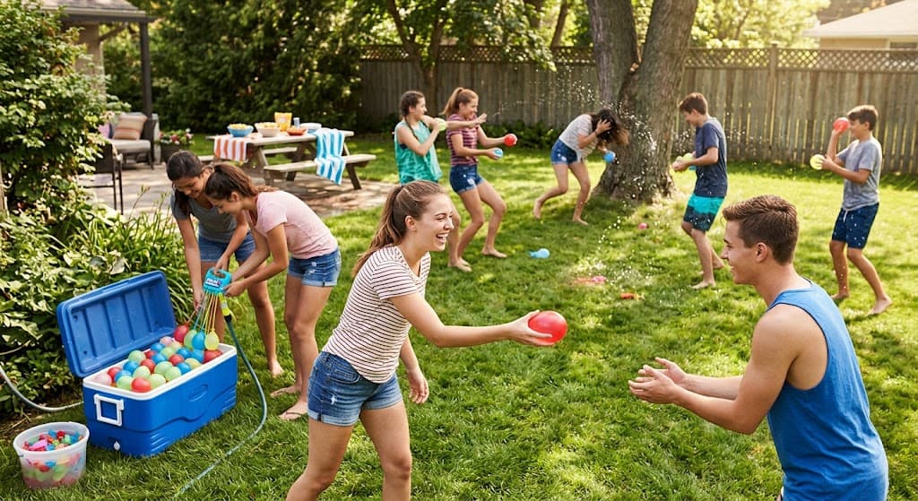 Fun water games for kids playing classic water balloon games in backyard summer activity