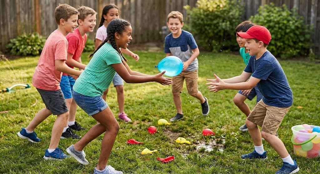 Kids playing fun water games for kids water balloon hot potato game in summer backyard
