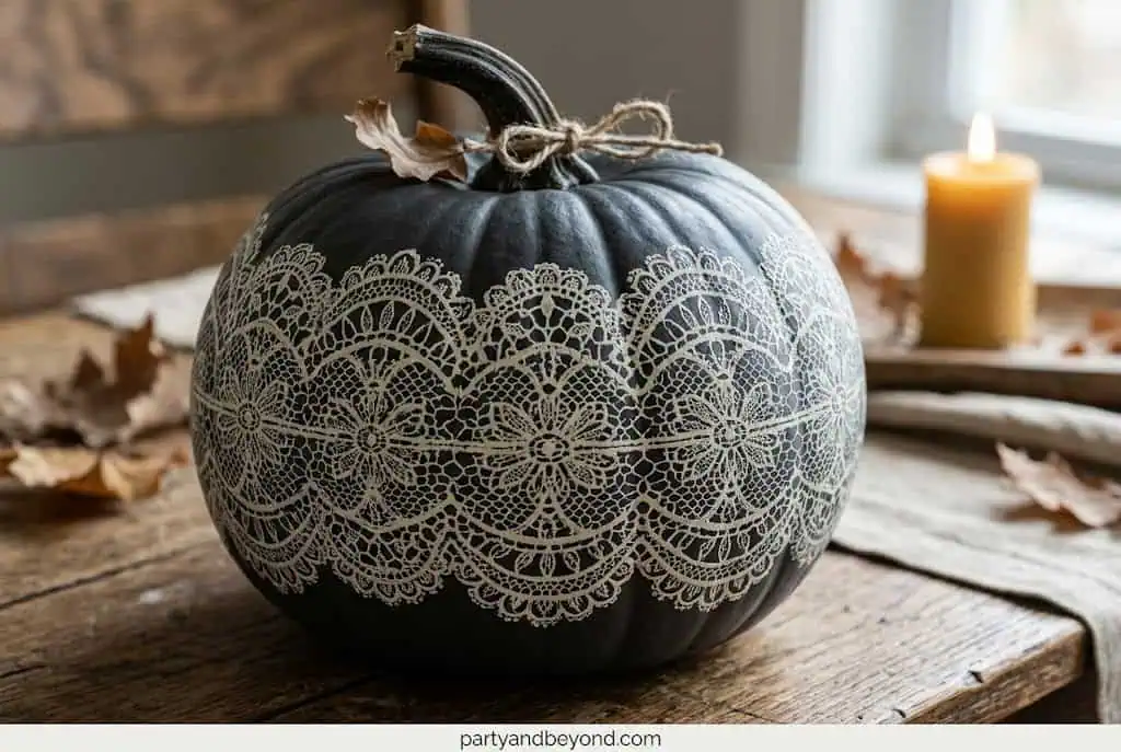 Dark pumpkin with white lace pattern printed using doily stencil