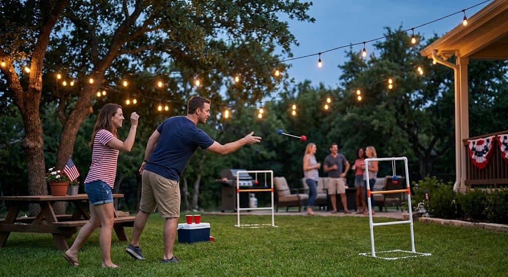 Ladder ball game for adults at 4th of July backyard party — hillbilly golf outdoor lawn game