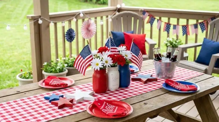 Budget-friendly 4th of July porch and party setup with patriotic decor in red white and blue