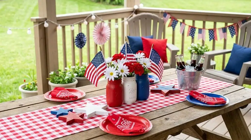 Budget-friendly 4th of July porch and party setup with patriotic decor in red white and blue