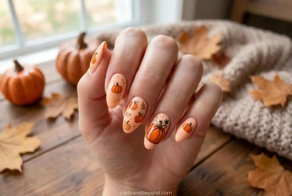 Hand with pumpkin-themed fall nail art, autumn leaves, and pumpkins in background.