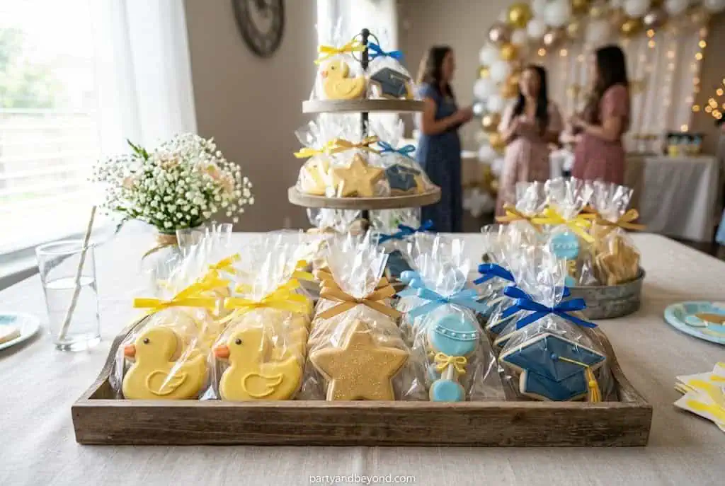 Decorated sugar cookies individually wrapped in clear bags with ribbon ties