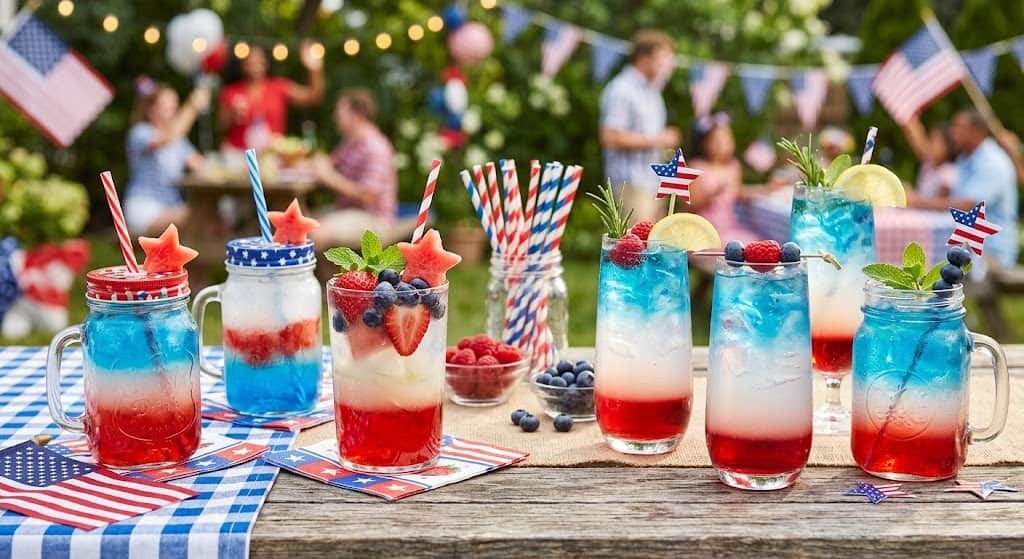 Festive 4th of July drinks with red, white, and blue colors, garnished with berries and flags, perfe.