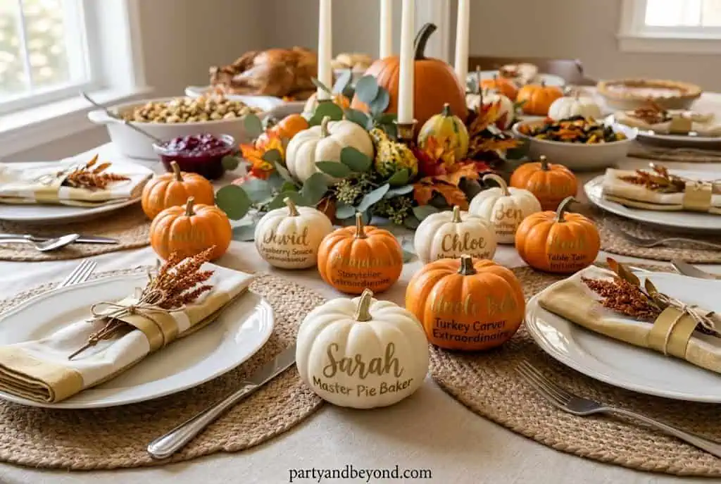 “Mini pumpkins used as Thanksgiving place card holders with guest names”