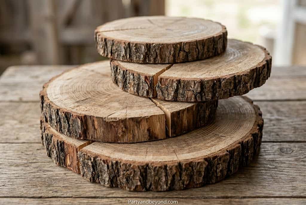 Rustic dessert table featuring a cake displayed on a natural wood slice stand with greenery accents