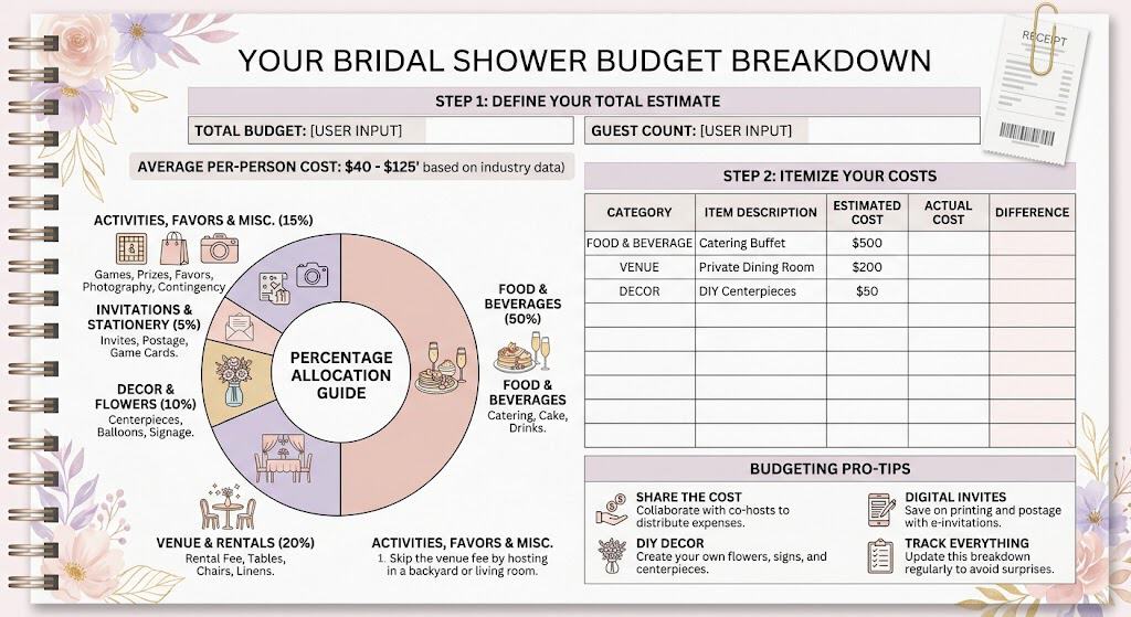 bridal shower budget breakdown chart with cost categories