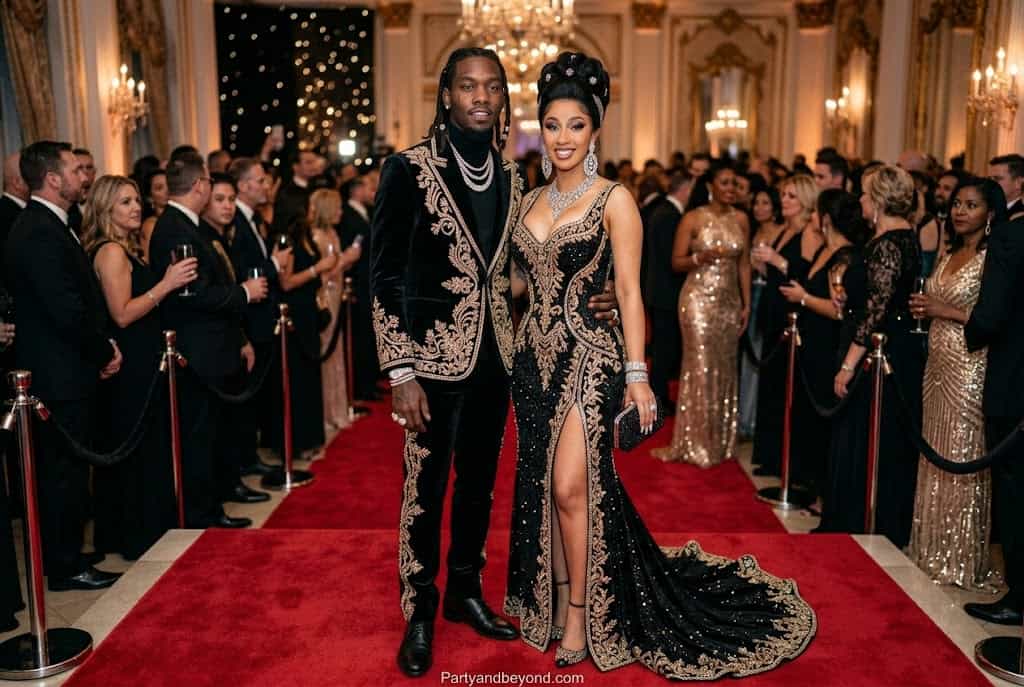 Couple wearing matching neon glam outfits inspired by Cardi B and Offset for Halloween.
