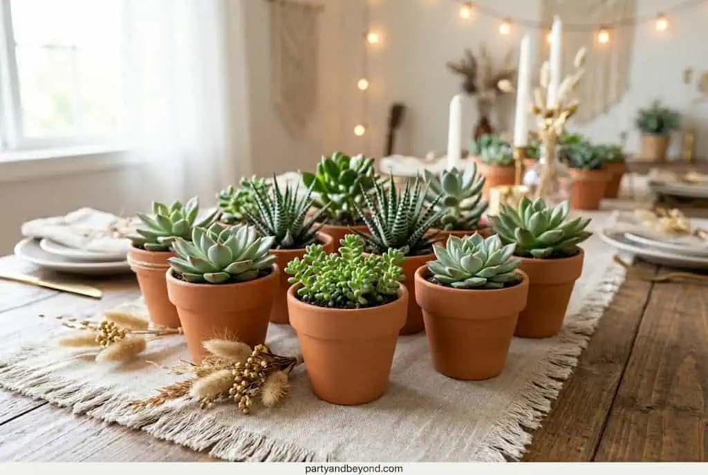 Mini succulents in small terracotta pots used as table centerpieces and guest favors