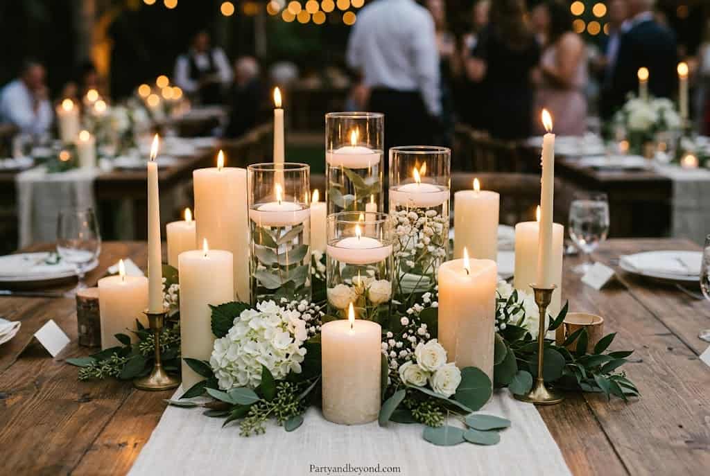 Rustic candle centerpiece with pillar candles of different heights arranged on a wooden tray with greenery.