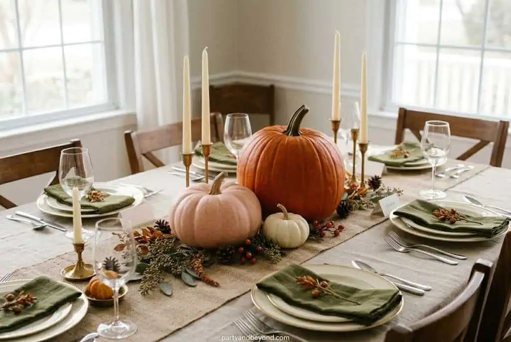 “Three decorative pumpkins arranged on rustic Thanksgiving table centerpiece”