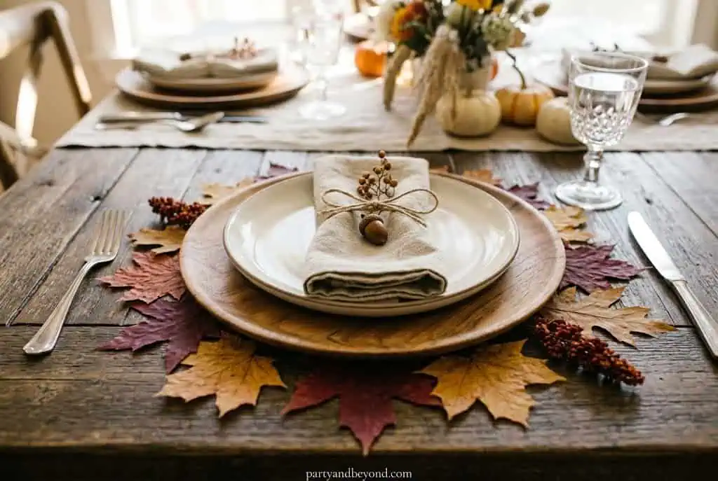 “Pressed autumn leaves used as Thanksgiving placemats under dinner plates”