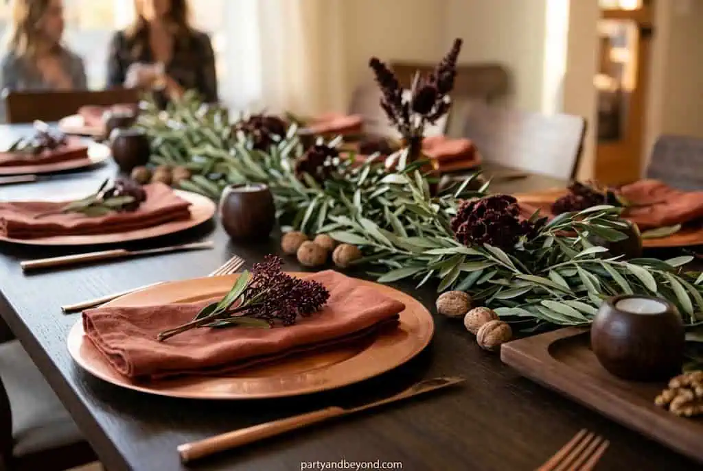 “Copper and terracotta themed modern Thanksgiving table setting”