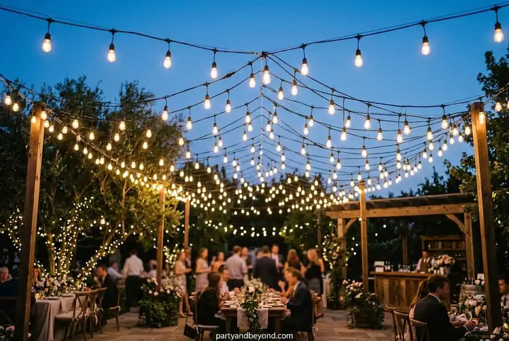t: Outdoor graduation party with warm string lights creating cozy evening celebration atmosphere