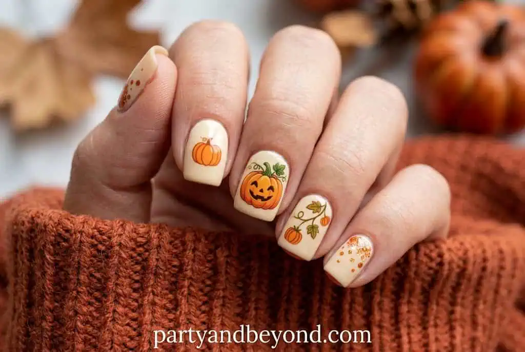 Minimal pumpkin sticker nail art on glossy short square nails.