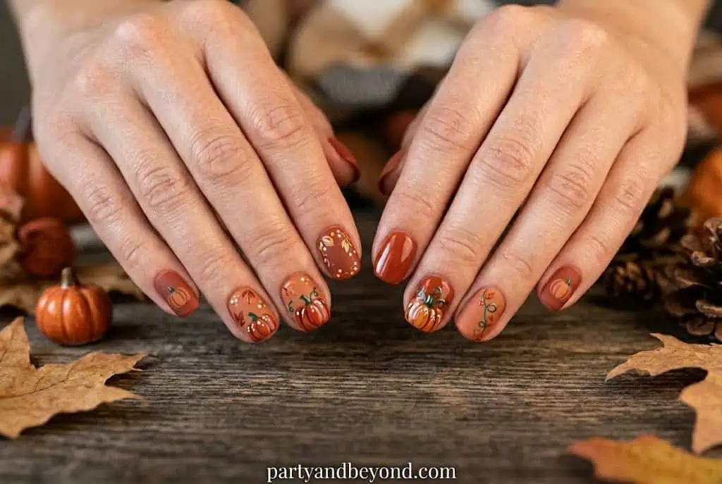 Beautiful fall-themed nail art with pumpkin designs and autumn colors.