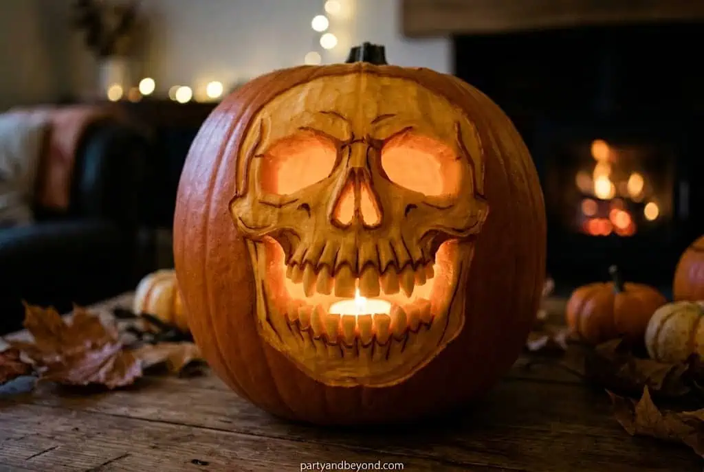 Tall pumpkin carved with a giant creepy toothy grin and glowing candlelight.