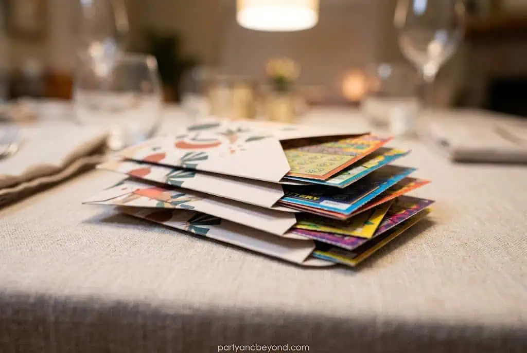 Scratch-off lottery tickets placed inside decorative envelopes for party guests