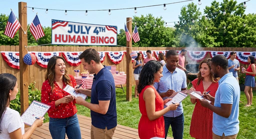 Human bingo party game for adults July 4th — patriotic icebreaker game that gets everyone talking
