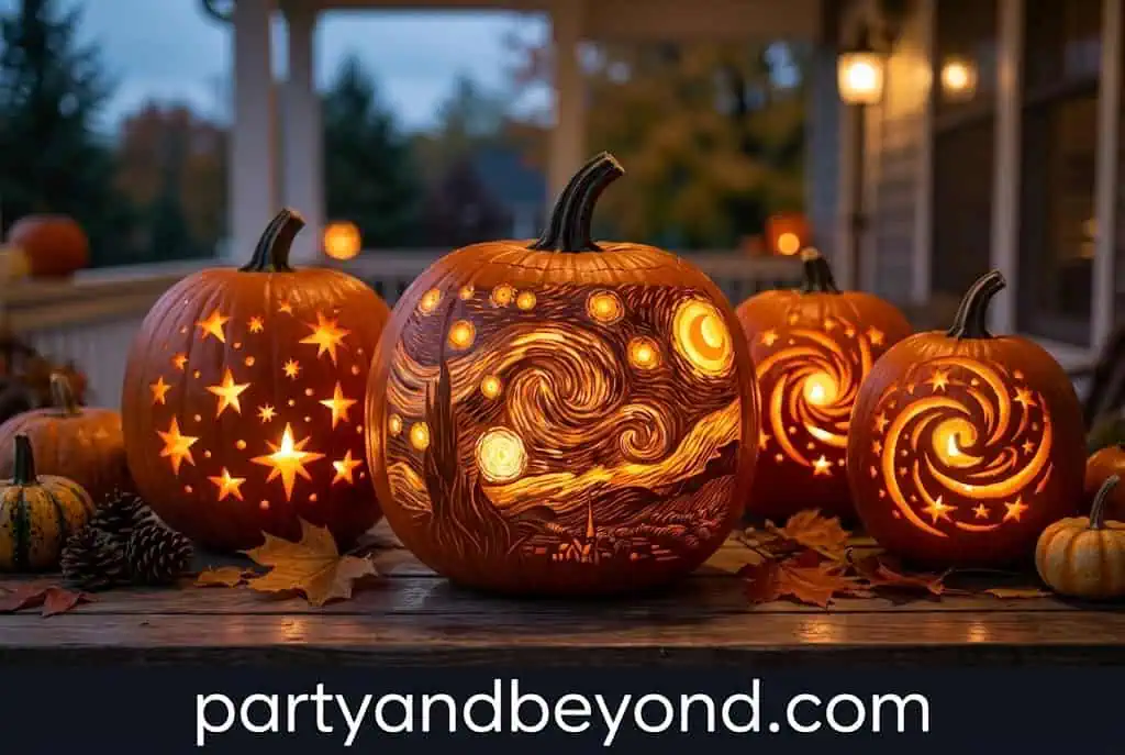 Van Gogh inspired Starry Night pumpkin carving with glowing swirl patterns.