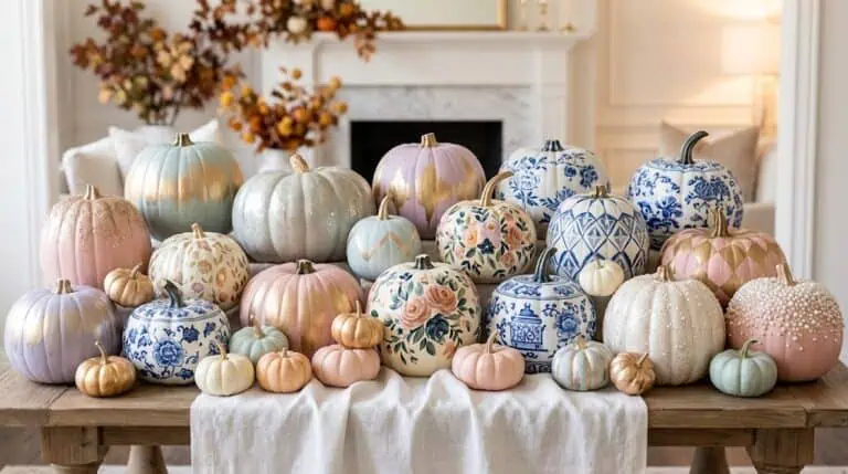 Colorful pumpkin collection with floral and patterned designs for festive fall celebrations.