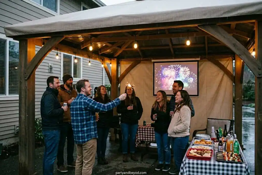 Group of friends enjoying a backyard party under a wooden gazebo with drinks and snacks.