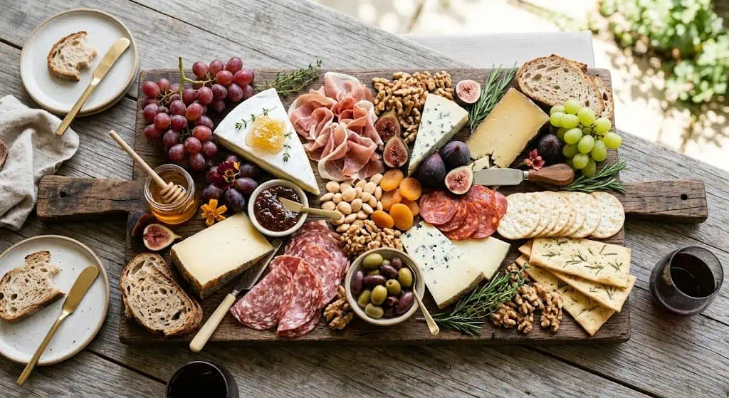 Charcuterie board with cheese, meats, fruits, and crackers on a wooden board.