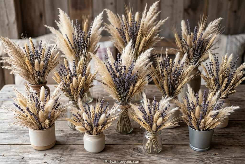 Elegant dried pampas grass and lavender arrangement in neutral-toned vases for rustic boho party decor.