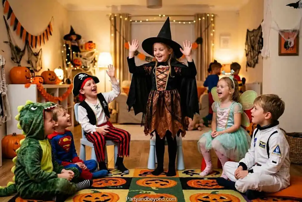 Children in Halloween costumes enjoying a themed party indoors.