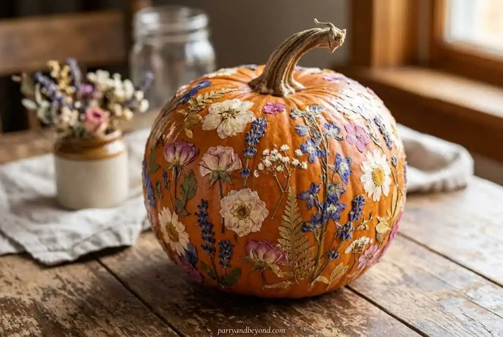 Pumpkin decorated with pressed dried flowers in soft vintage style