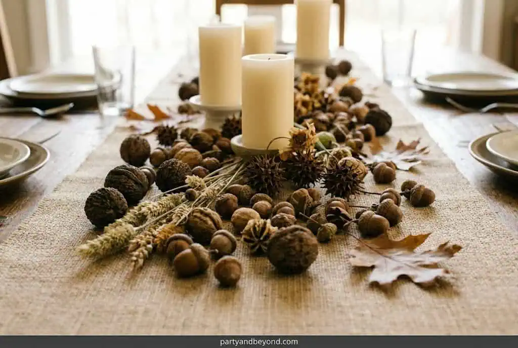 “Walnuts and acorns scattered as rustic Thanksgiving table decoration”