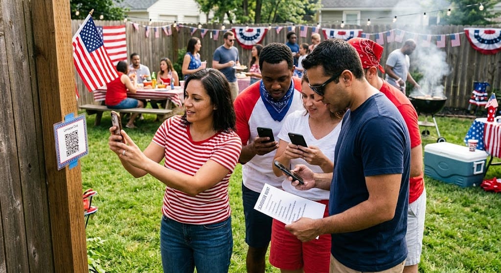 Patriotic scavenger hunt for adults at 4th of July party — backyard competitive team game featuring the best 4th of July party games for adults outdoors during Independence Day celebration.
