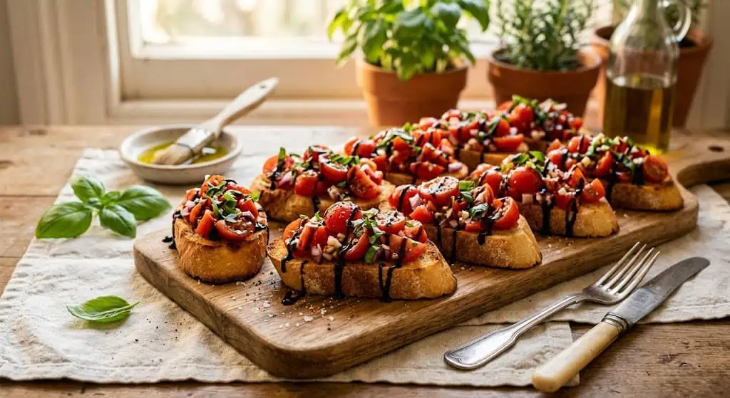 Tomato basil bruschetta on toasted baguette slices on a wooden board.