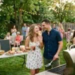 20 Engagement Party Ideas That Guests Will Actually Remember (2026) Friends enjoying a summer backyard party with food, drinks, and string lights.