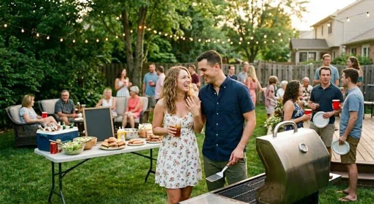 Friends enjoying a summer backyard party with food, drinks, and string lights.
