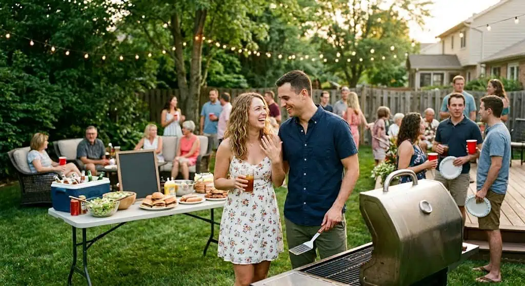 Friends enjoying a summer backyard party with food, drinks, and string lights.