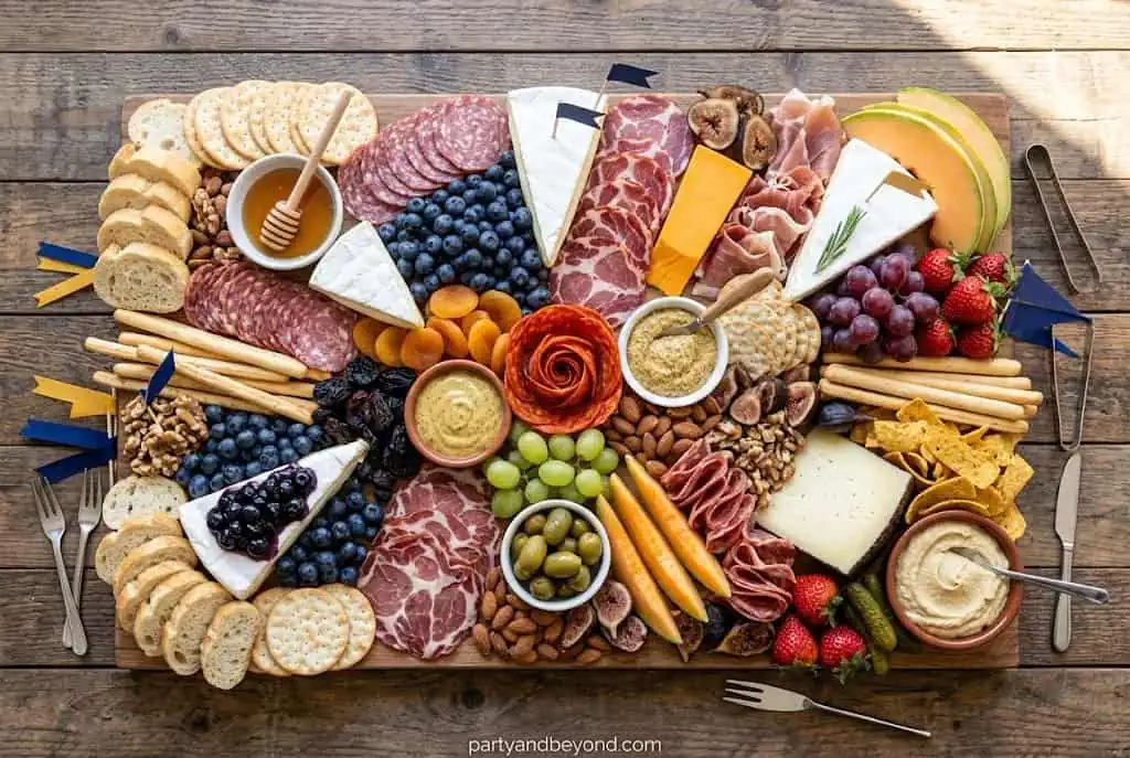 Graduation charcuterie board styled with meats cheeses crackers and school color fruits
