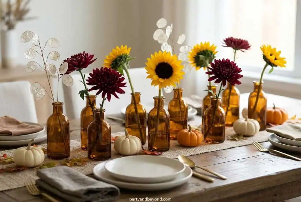 “Amber glass bud vases with single flowers on minimalist Thanksgiving table”