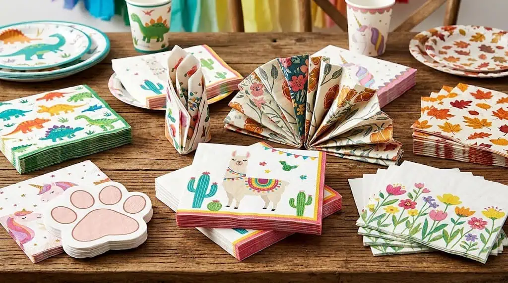 Styled themed paper napkins arranged neatly on a decorated party table”