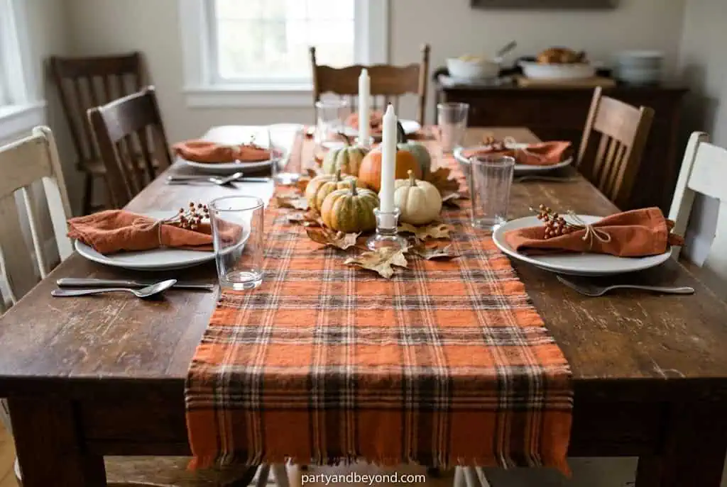 “Plaid flannel table runner on cozy Thanksgiving dining table”