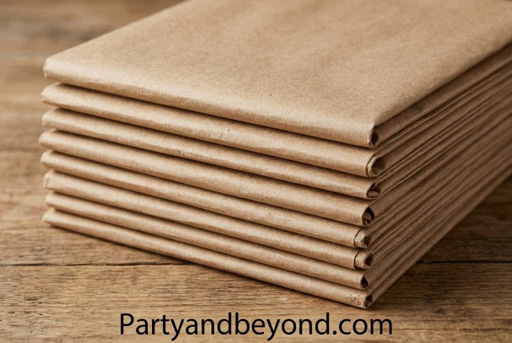 Rustic party table covered with kraft paper runner, greenery accents, and simple farmhouse-style table settings.