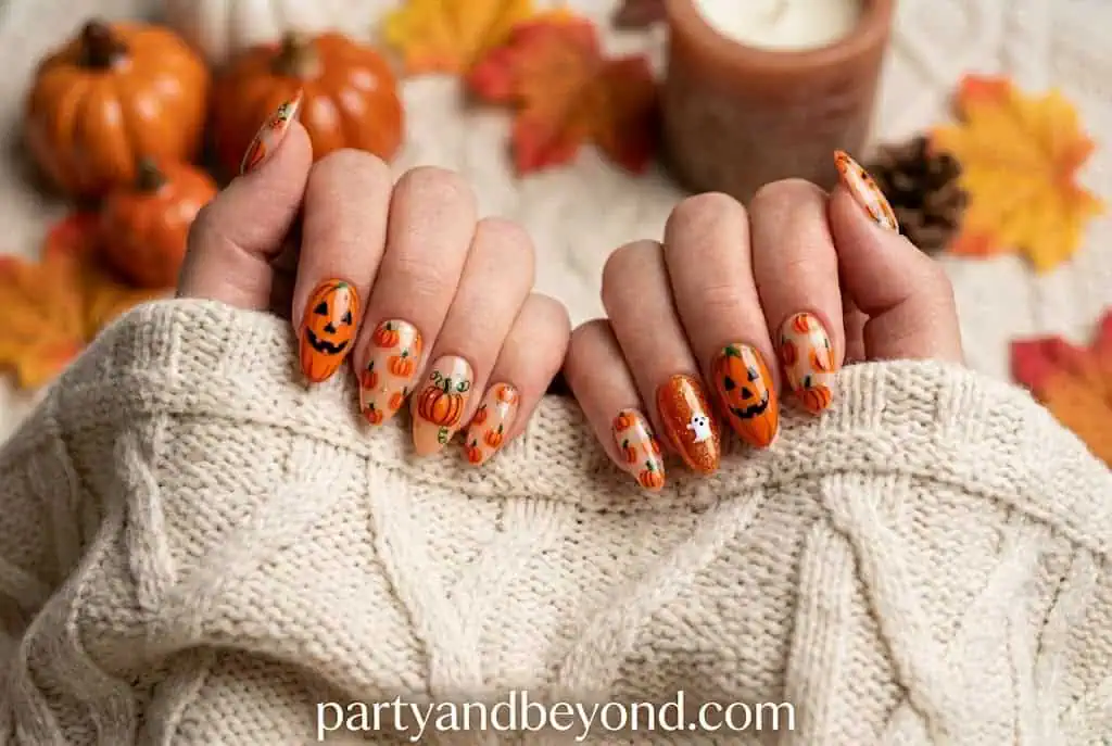 Halloween pumpkin press-on nails with glitter and autumn nail art details.