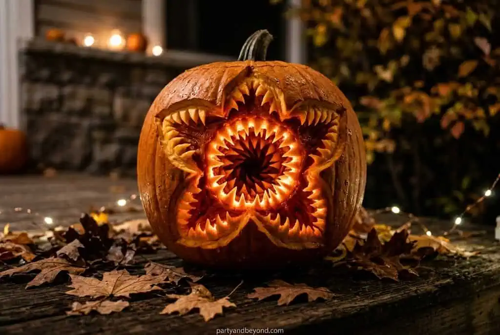 Stranger Things Demogorgon pumpkin carving with glowing petal mouth design.
