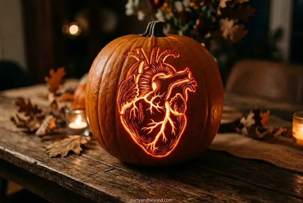 Anatomical human heart pumpkin carving with detailed horror-inspired texture.