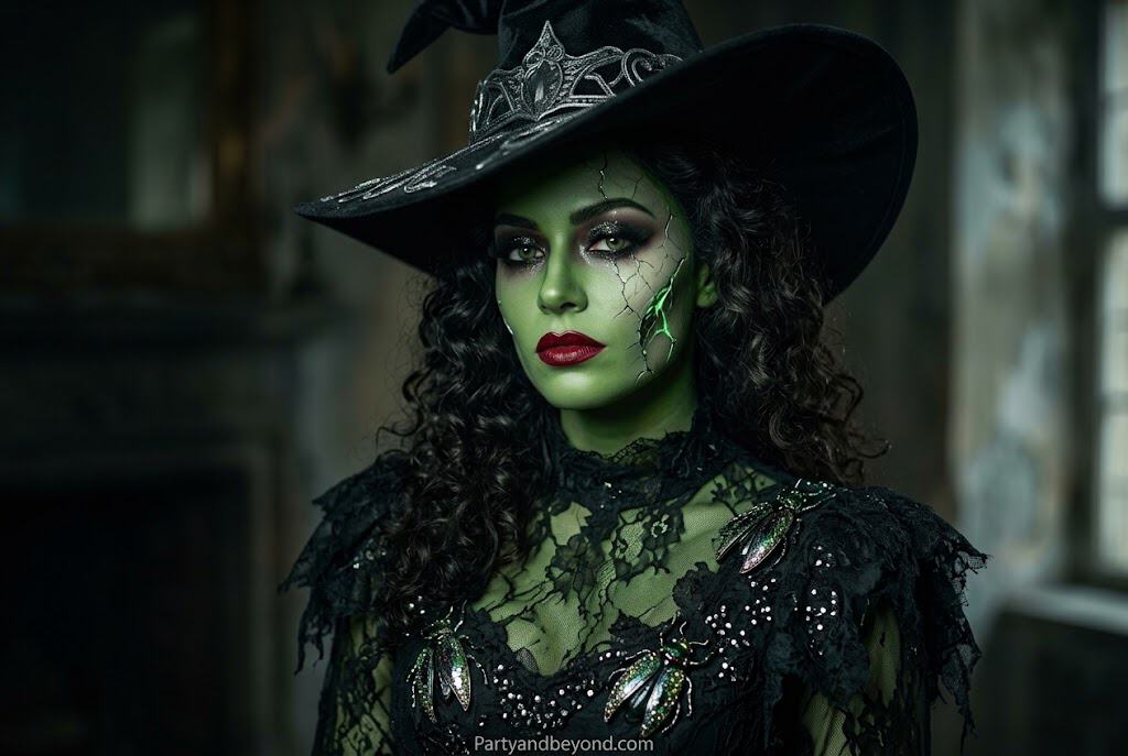 Green Elphaba Halloween makeup with dramatic black eyeliner and high fashion contouring