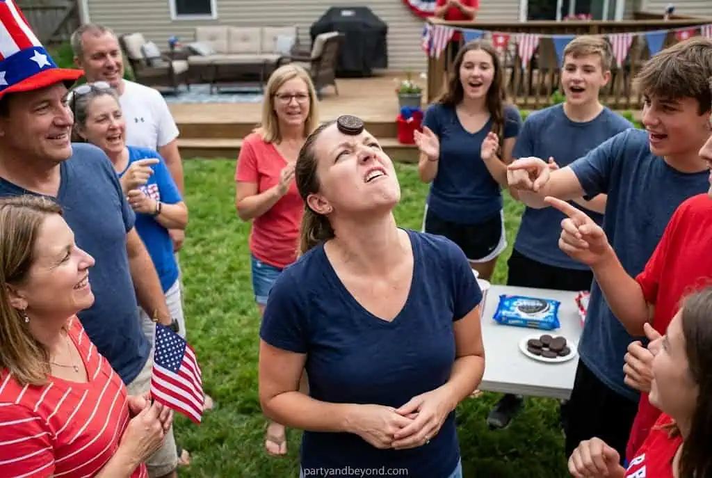 Party guest balancing an Oreo cookie on their forehead during the Cookie Face minute to win it game